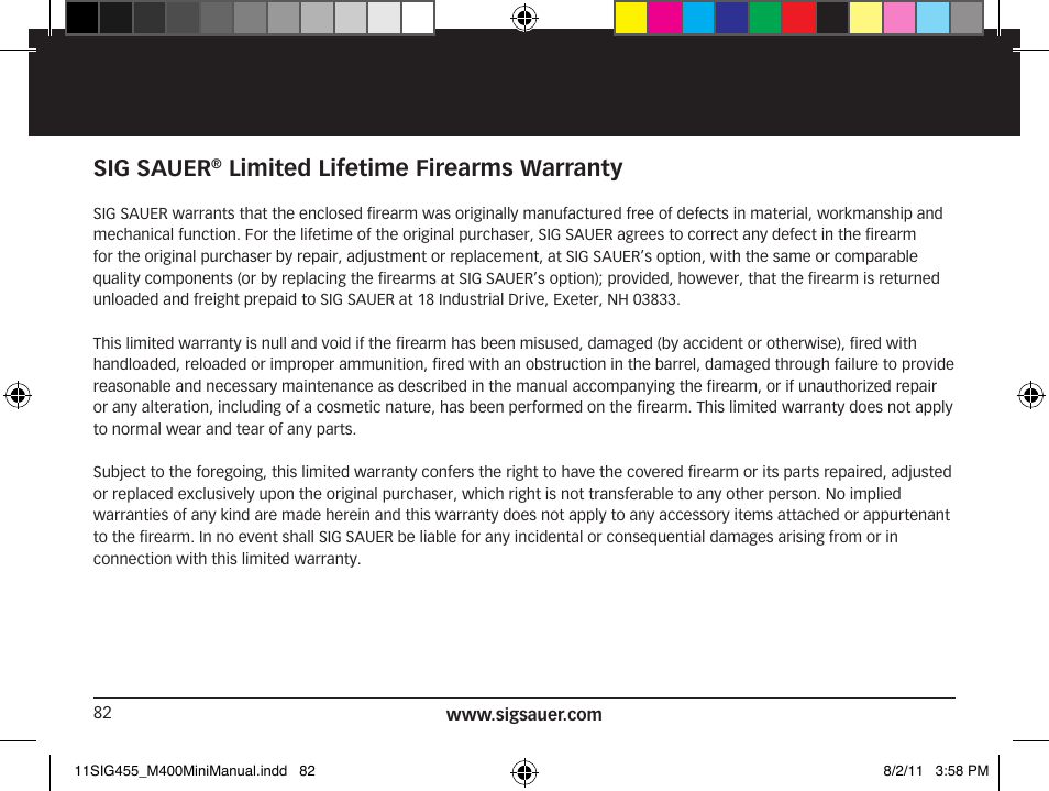 Sig sauer, Limited lifetime firearms warranty | SIG SAUER SIGM400 Rifle User Manual | Page 82 / 84