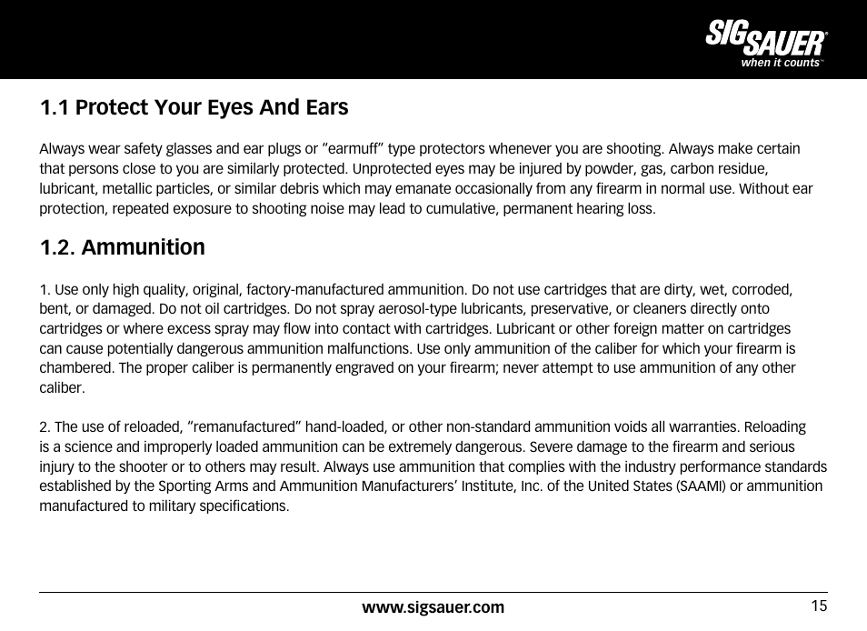 1 protect your eyes and ears, Ammunition | SIG SAUER SIG50 User Manual | Page 15 / 60