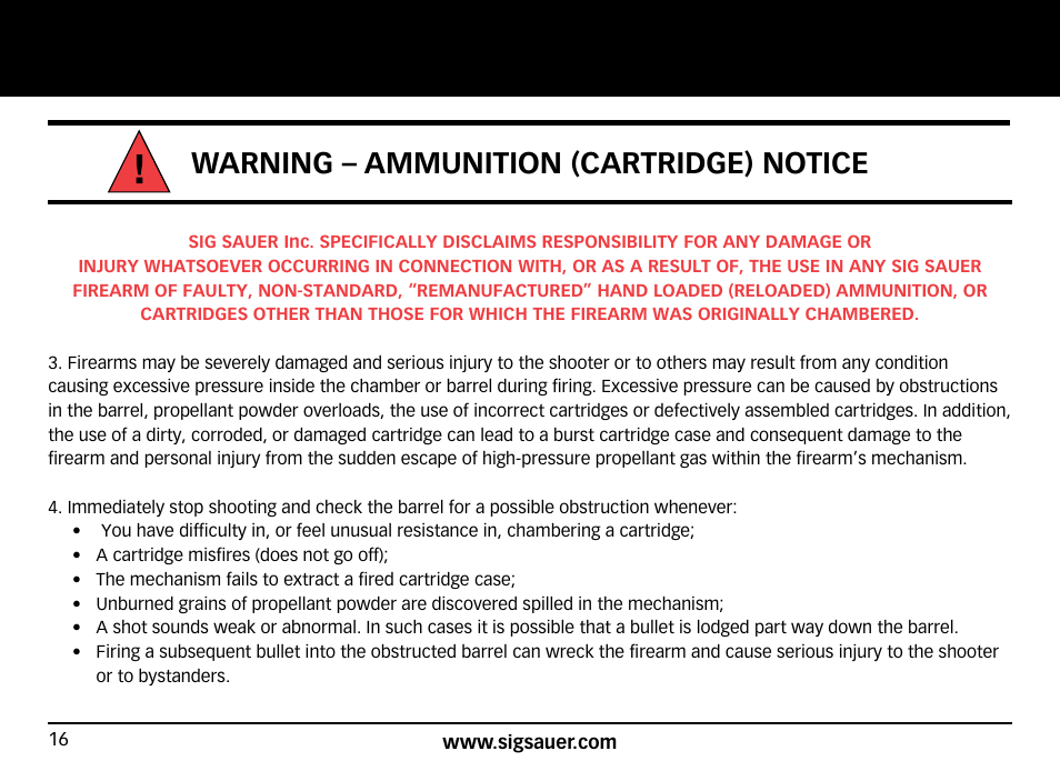 Warning – ammunition (cartridge) notice | SIG SAUER SIG50 User Manual | Page 16 / 60