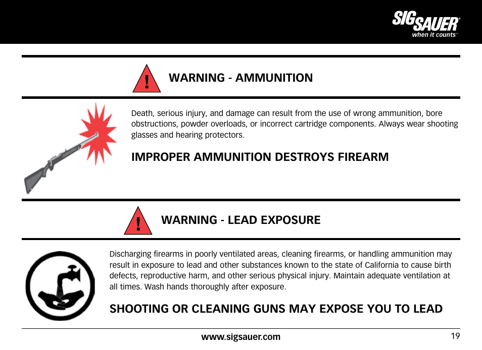 Warning - lead exposure, Shooting or cleaning guns may expose you to lead, Warning - ammunition | Improper ammunition destroys firearm | SIG SAUER SIG50 User Manual | Page 19 / 60