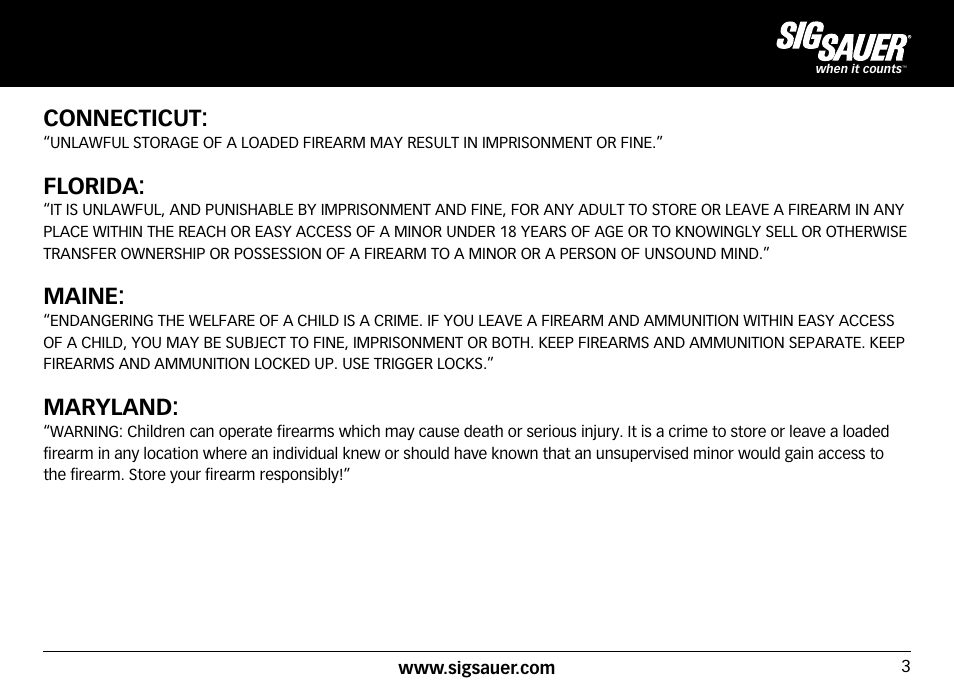 Connecticut, Florida, Maine | Maryland | SIG SAUER SIG50 User Manual | Page 3 / 60