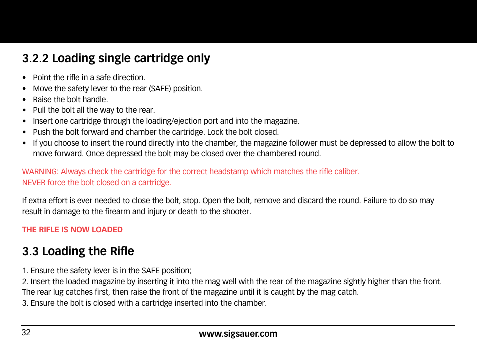 2 loading single cartridge only, 3 loading the rifle | SIG SAUER SIG50 User Manual | Page 32 / 60