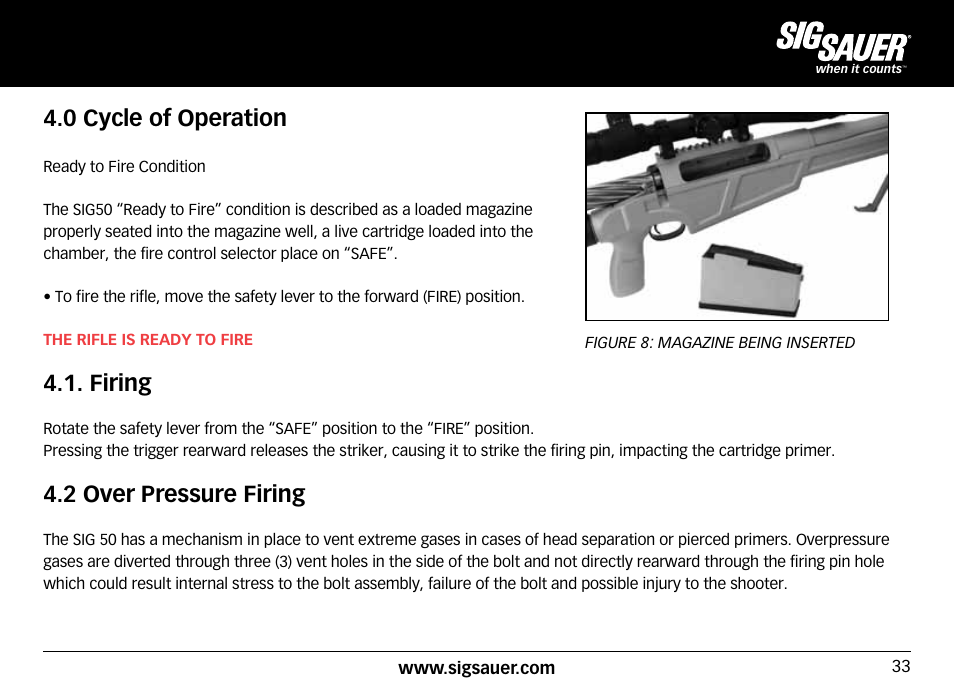 0 cycle of operation, Firing, 2 over pressure firing | SIG SAUER SIG50 User Manual | Page 33 / 60