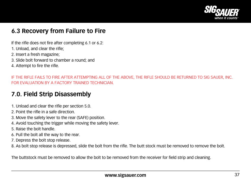 3 recovery from failure to fire, Field strip disassembly | SIG SAUER SIG50 User Manual | Page 37 / 60