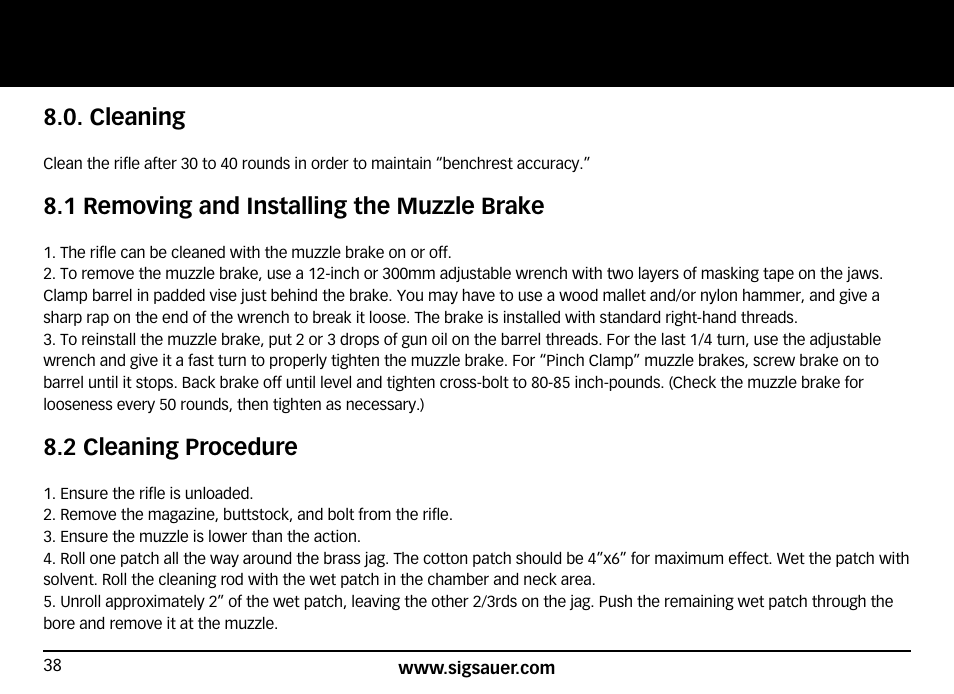 Cleaning, 1 removing and installing the muzzle brake, 2 cleaning procedure | SIG SAUER SIG50 User Manual | Page 38 / 60