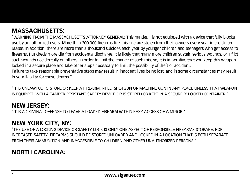Massachusetts, New jersey, New york city, ny | North carolina | SIG SAUER SIG50 User Manual | Page 4 / 60