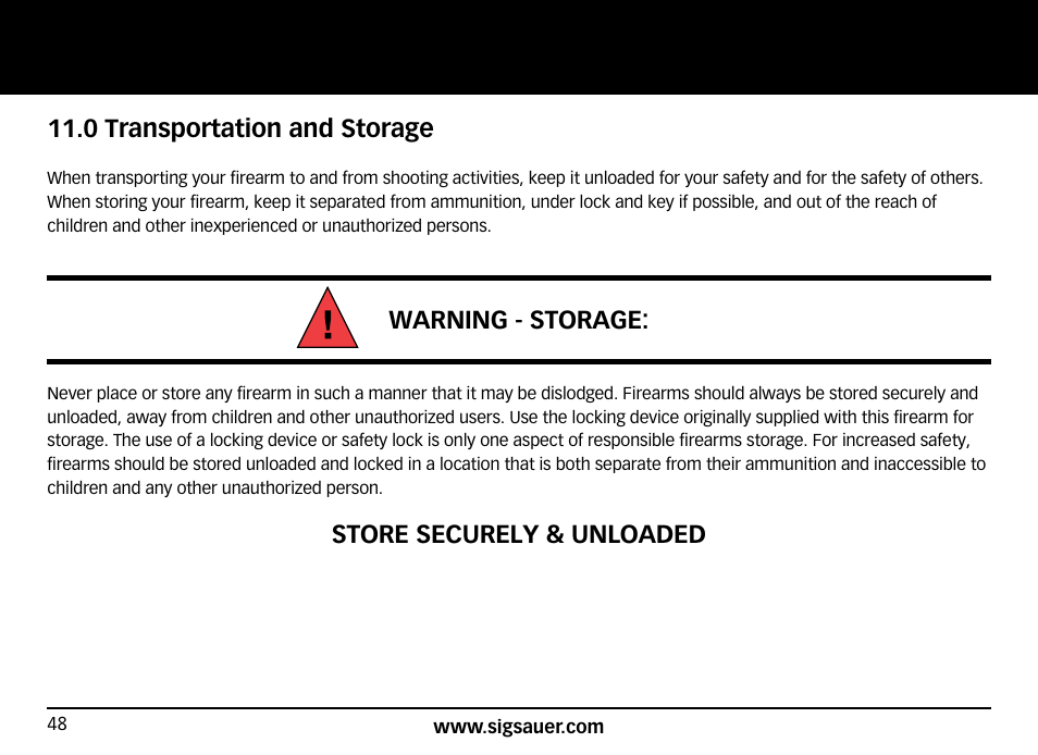 0 transportation and storage, Warning - storage, Store securely & unloaded | SIG SAUER SIG50 User Manual | Page 48 / 60