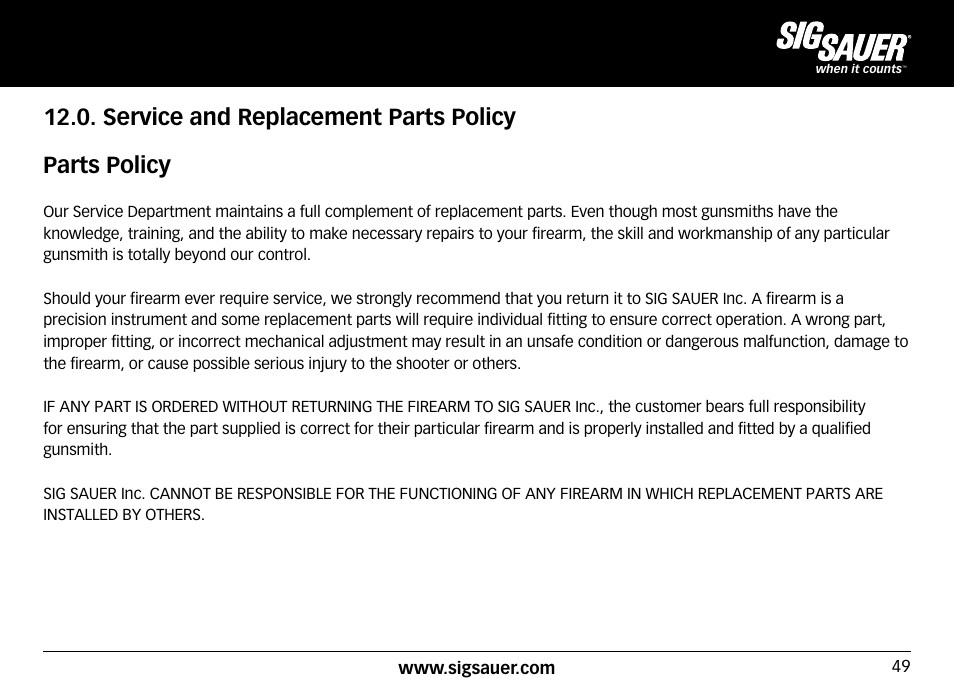 Service and replacement parts policy parts policy | SIG SAUER SIG50 User Manual | Page 49 / 60