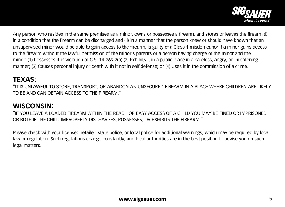 Texas, Wisconsin | SIG SAUER SIG50 User Manual | Page 5 / 60