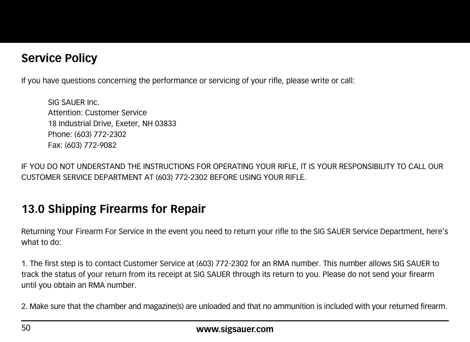 Service policy, 0 shipping firearms for repair | SIG SAUER SIG50 User Manual | Page 50 / 60