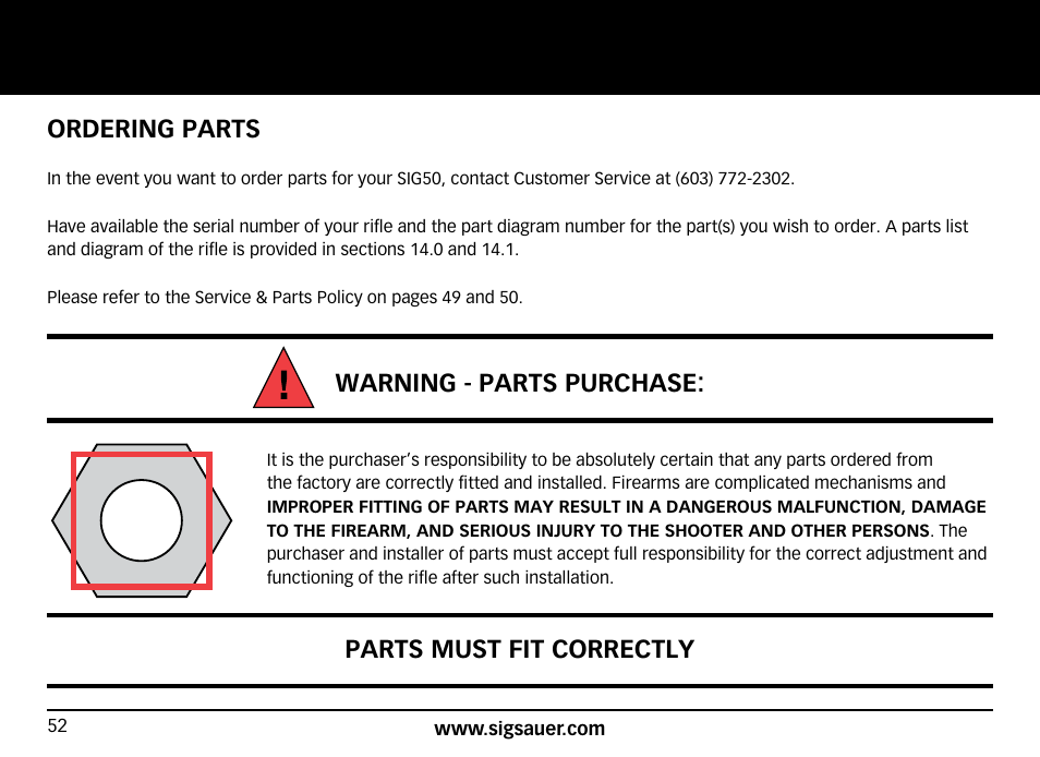Warning - parts purchase, Parts must fit correctly ordering parts | SIG SAUER SIG50 User Manual | Page 52 / 60