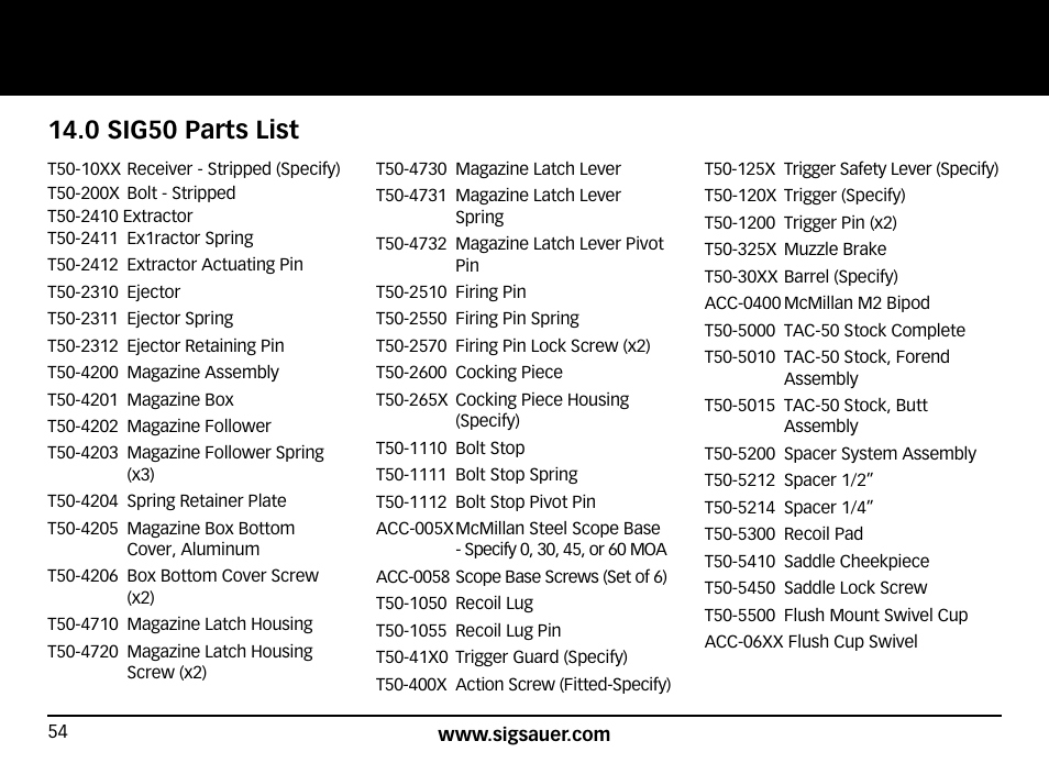 0 sig50 parts list | SIG SAUER SIG50 User Manual | Page 54 / 60