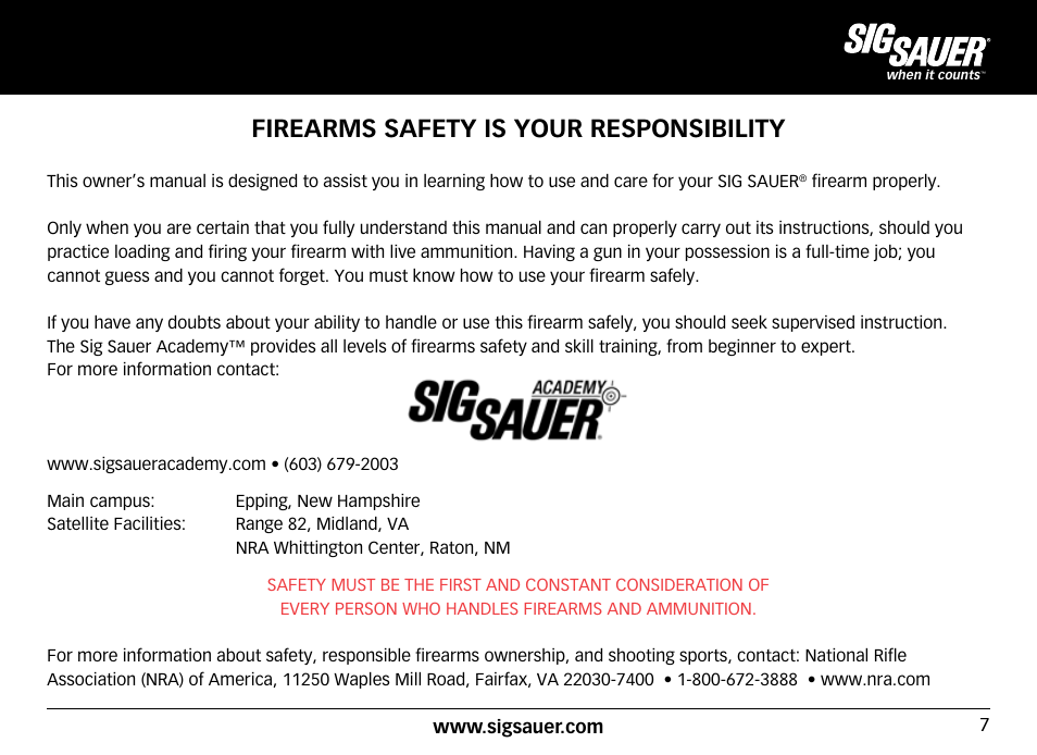 Firearms safety is your responsibility | SIG SAUER SIG50 User Manual | Page 7 / 60