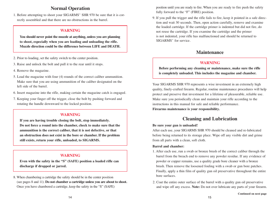 Maintenance, Cleaning and lubrication, Normal operation | SIG SAUER SHR 970 User Manual | Page 15 / 20