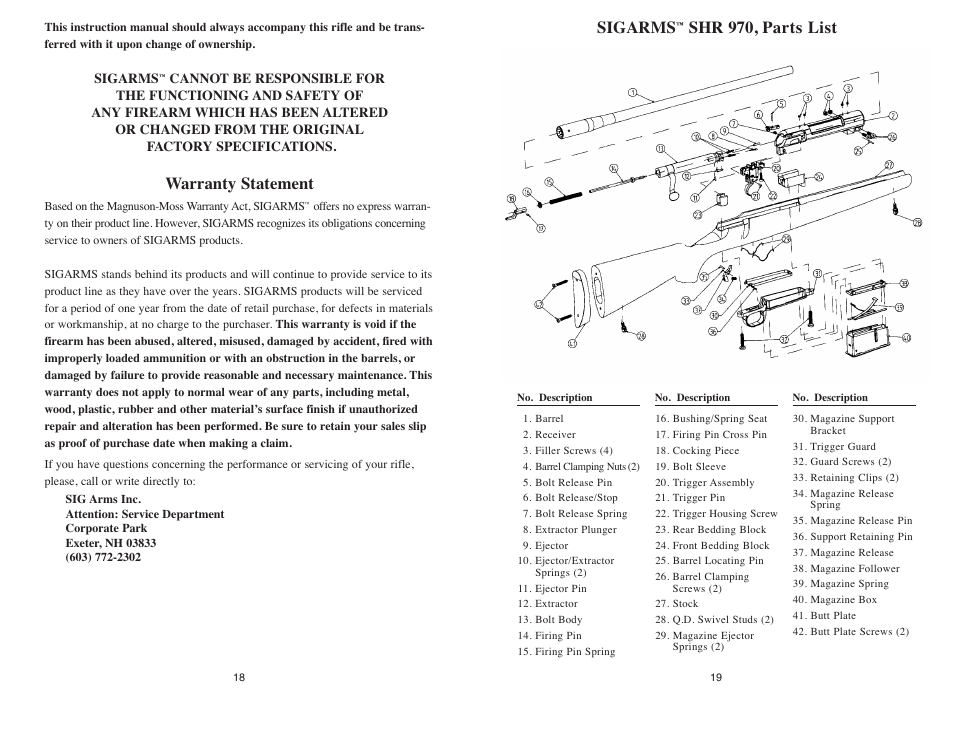 Sigarms, Shr 970, parts list, Warranty statement | SIG SAUER SHR 970 User Manual | Page 19 / 20