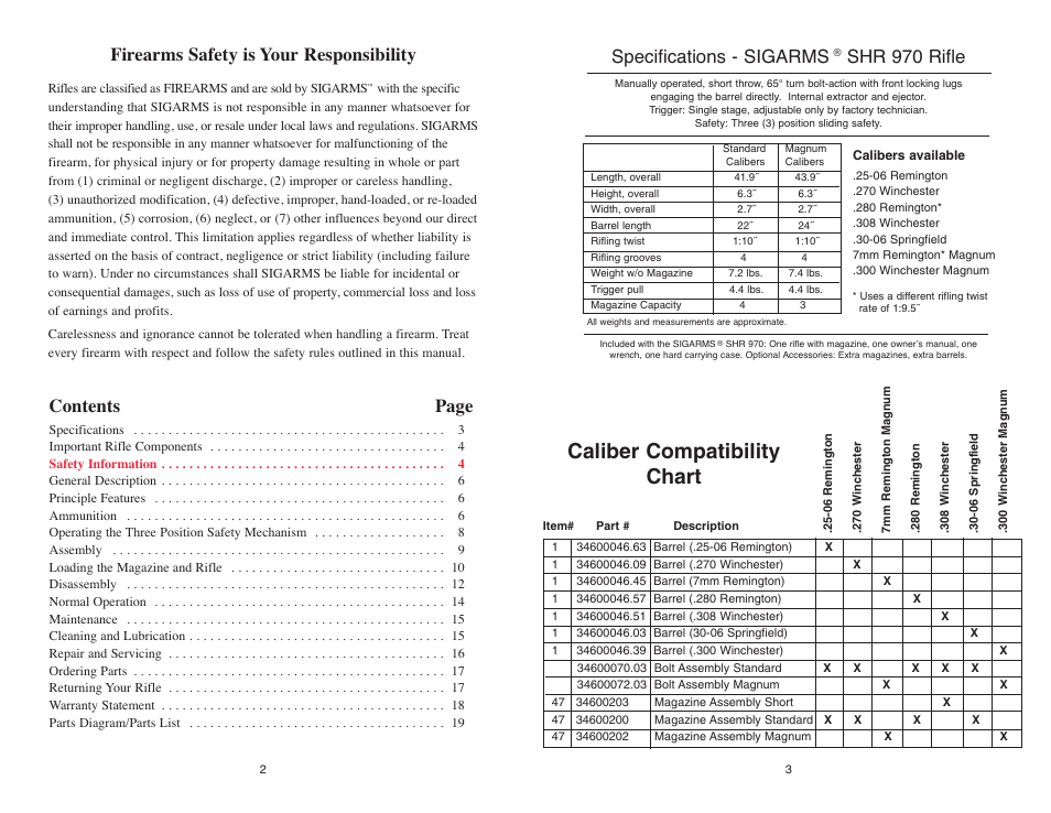 Caliber compatibility chart, Contents page, Firearms safety is your responsibility | Specifications - sigarms, Shr 970 rifle | SIG SAUER SHR 970 User Manual | Page 2 / 20