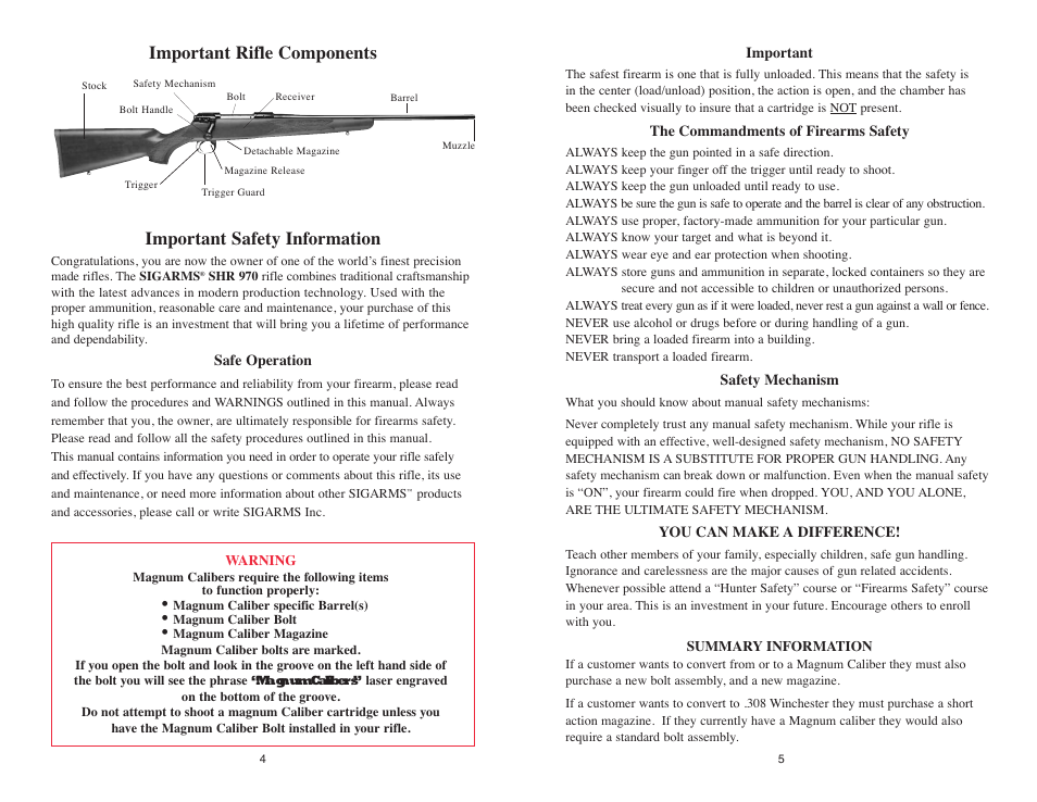 Important safety information, Important rifle components | SIG SAUER SHR 970 User Manual | Page 4 / 20