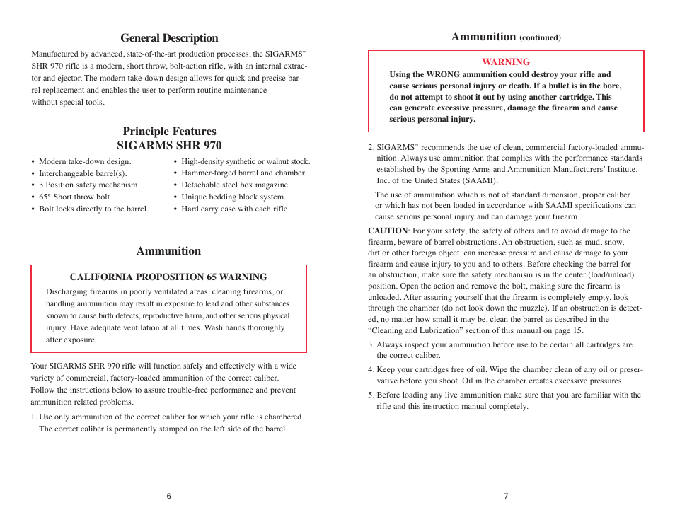 General description, Principle features sigarms shr 970, Ammunition | SIG SAUER SHR 970 User Manual | Page 7 / 20
