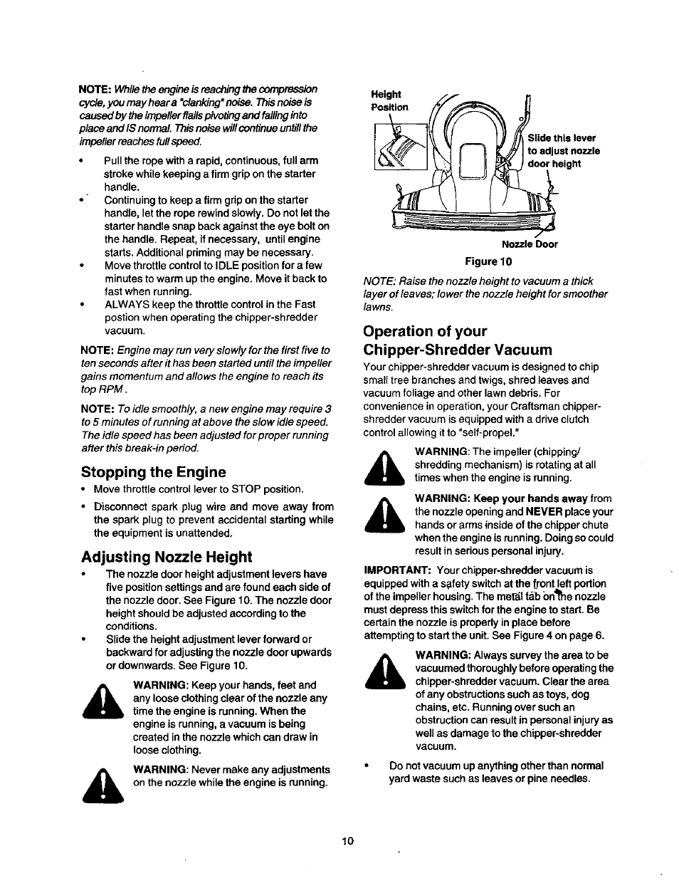 Stopping the engine, Adjusting nozzle height, Operation of your chipper-shredder vacuum | Craftsman 247.77763 User Manual | Page 10 / 10