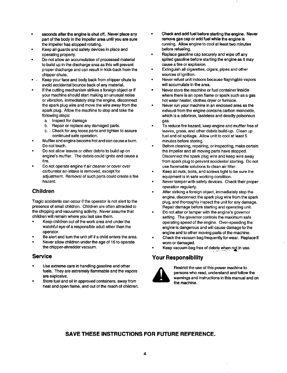 Children, Service, Your responsibility | Save these instructions for future reference | Craftsman 247.77763 User Manual | Page 4 / 10