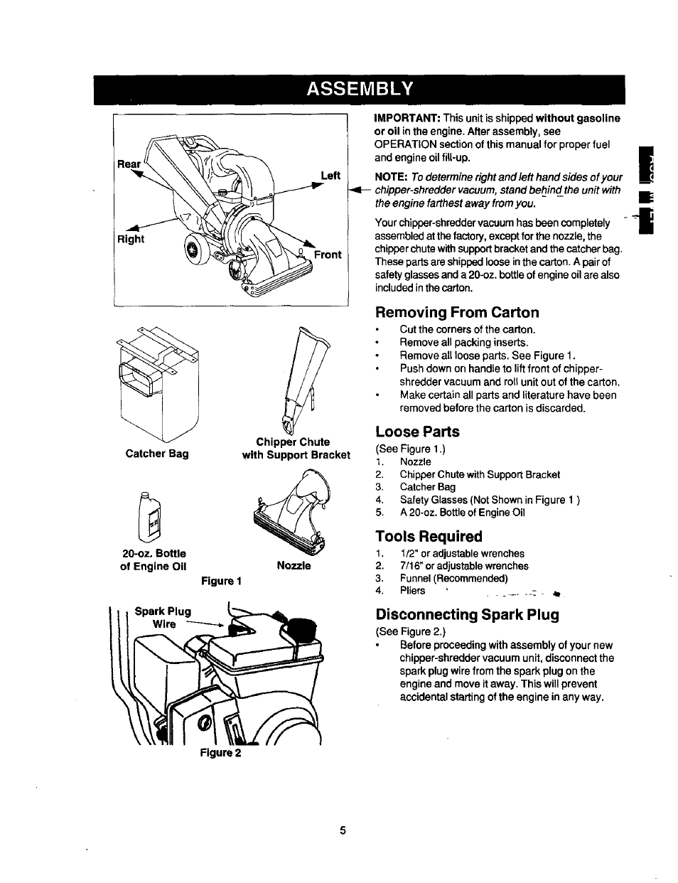 Removing from carton, Loose parts, Tools required | Disconnecting spark plug, Assembly | Craftsman 247.77763 User Manual | Page 5 / 10