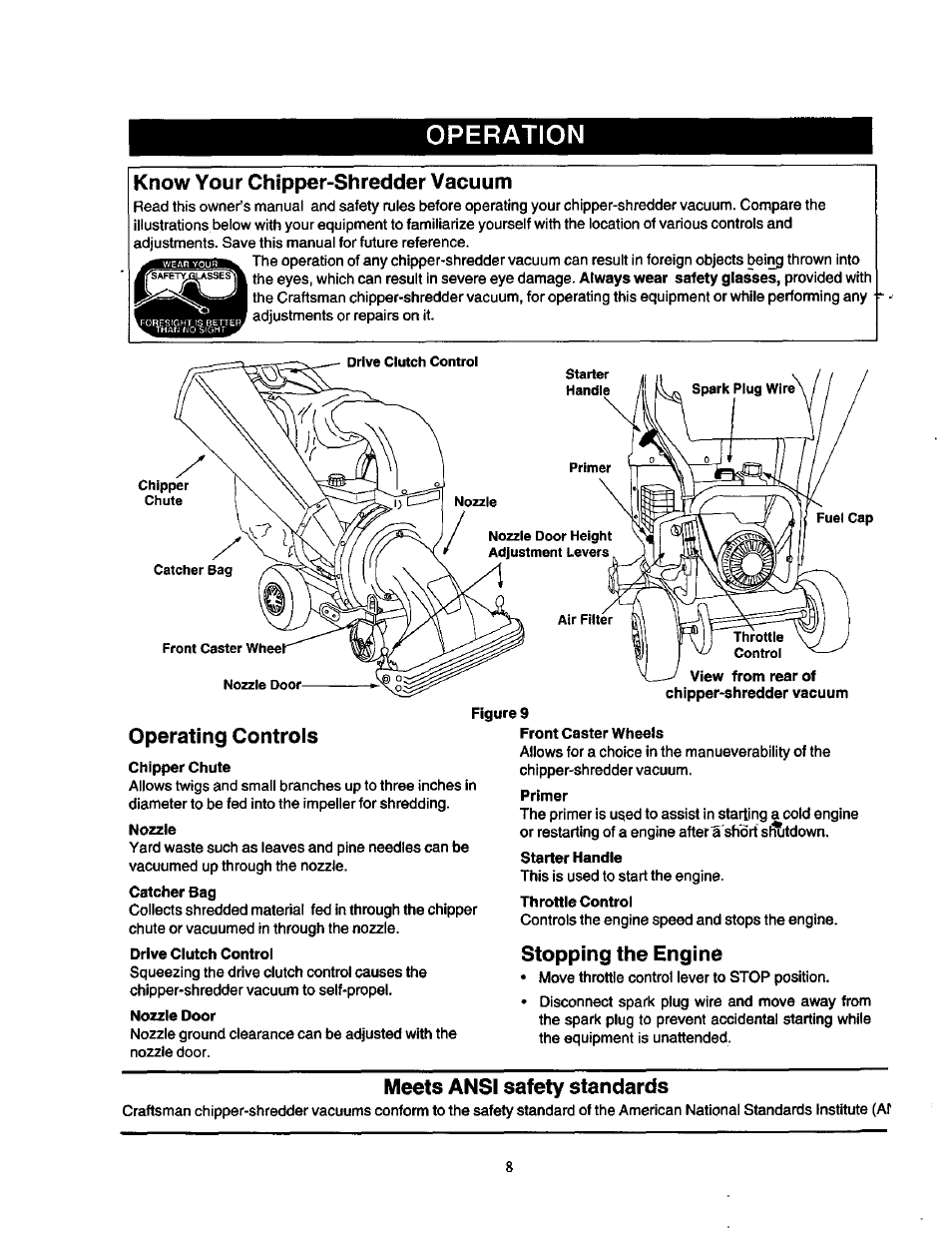 Know your chipper-shredder vacuum, Operating controls, Stopping the engine | Meets ansi safety standards, Operation | Craftsman 247.77763 User Manual | Page 8 / 10