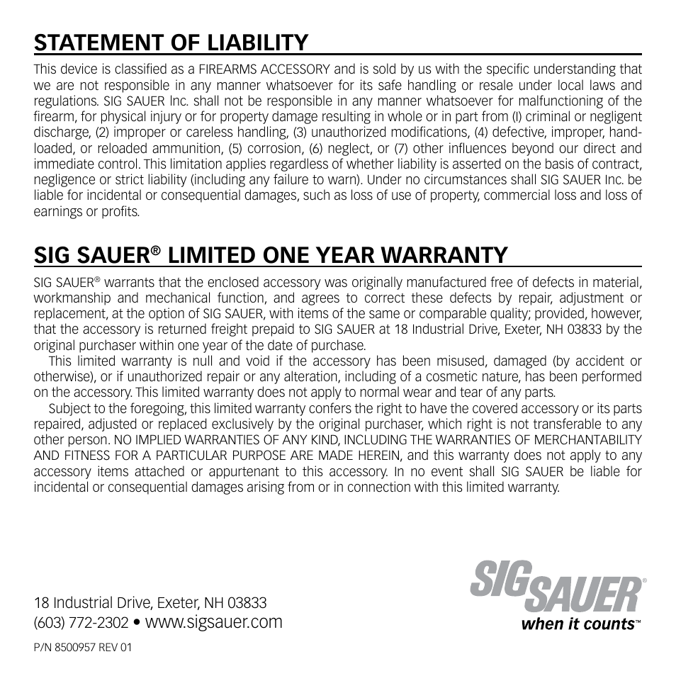 Sig sauer, Limited one year warranty, Statement of liability | SIG SAUER ACP Adaptive Carbine Platform User Manual | Page 6 / 6