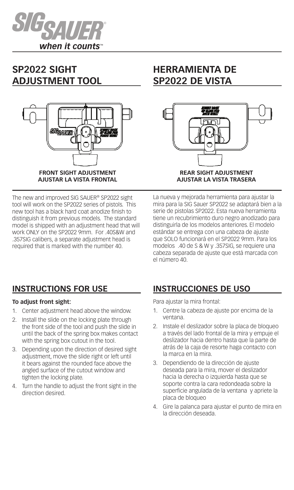 SIG SAUER SP2022 Sight Adjustment Tool User Manual | 2 pages