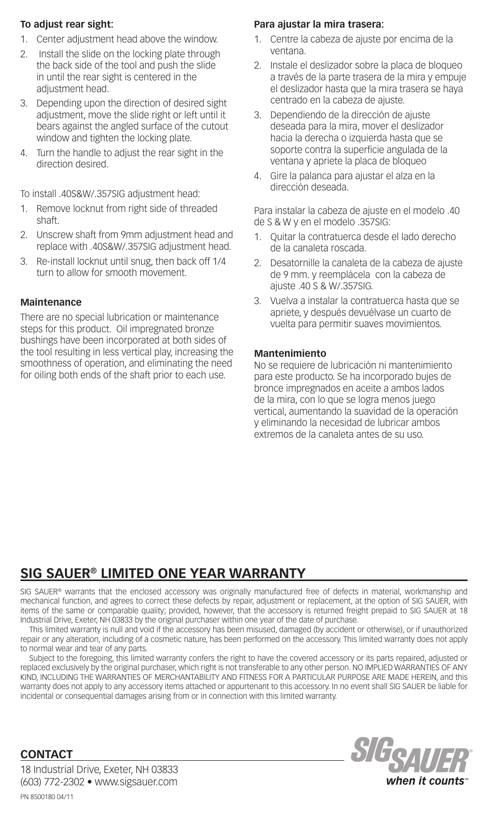Sig sauer, Limited one year warranty, Contact | SIG SAUER SP2022 Sight Adjustment Tool User Manual | Page 2 / 2