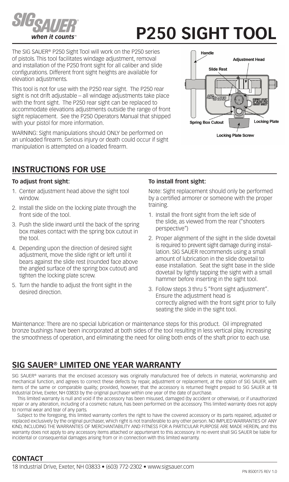 SIG SAUER P250 Sight Adjustment Tool User Manual | 1 page