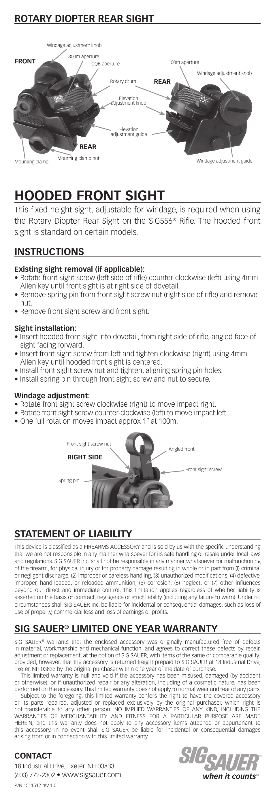 Hooded front sight, Statement of liability rotary diopter rear sight, Instructions | Sig sauer, Limited one year warranty, Contact | SIG SAUER Rotary Diopter Rear Sight/Hooded front Sight User Manual | Page 2 / 2