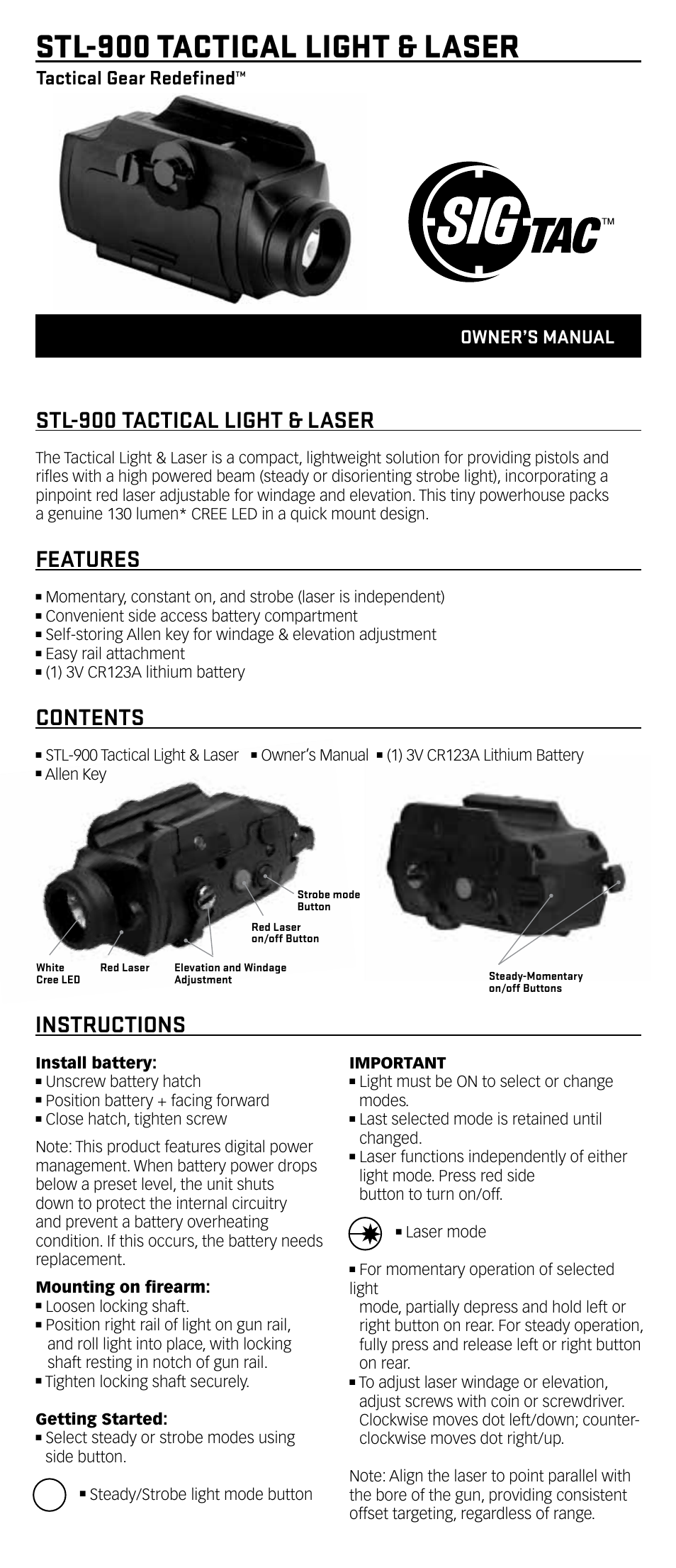 SIG SAUER STL-900L Tactical Light/Laser User Manual | 2 pages