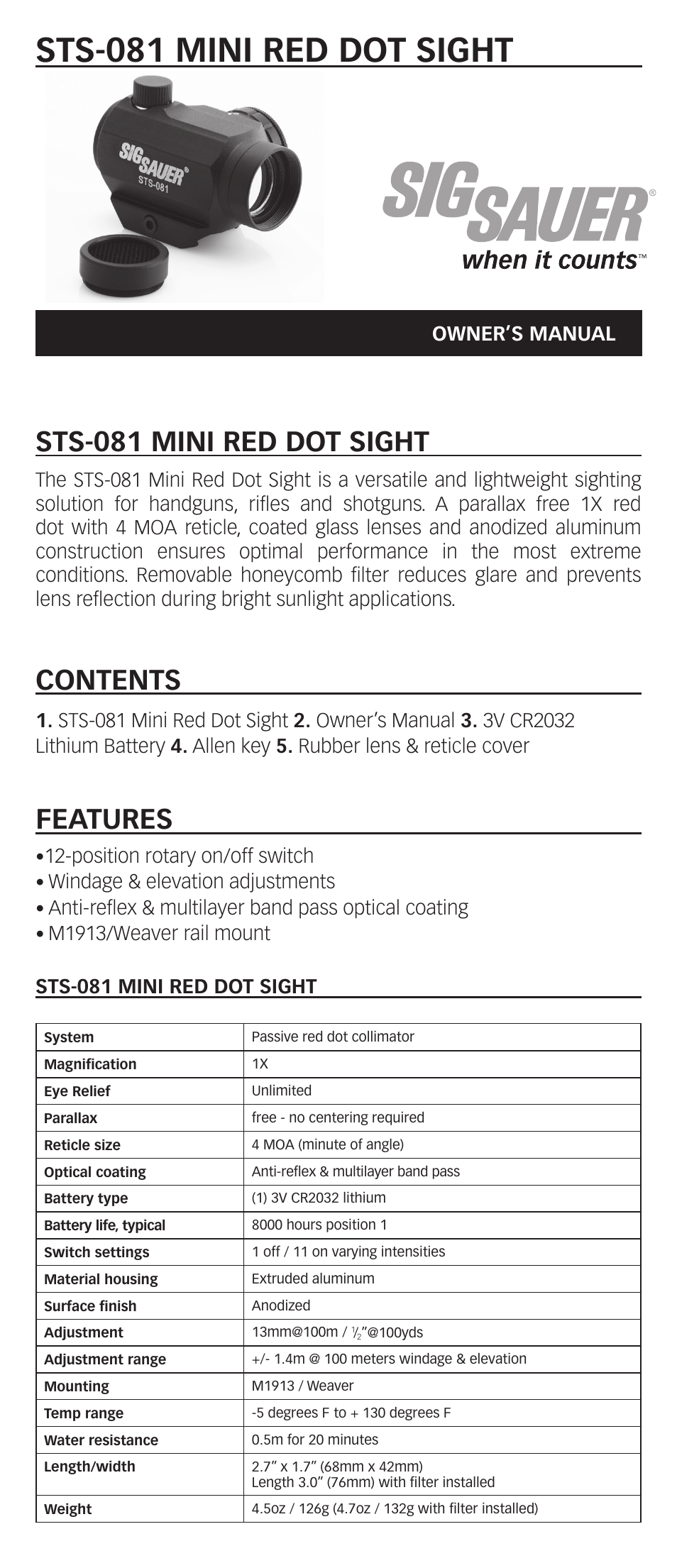 SIG SAUER STL-081 Mini Red Dot Sight User Manual | 2 pages