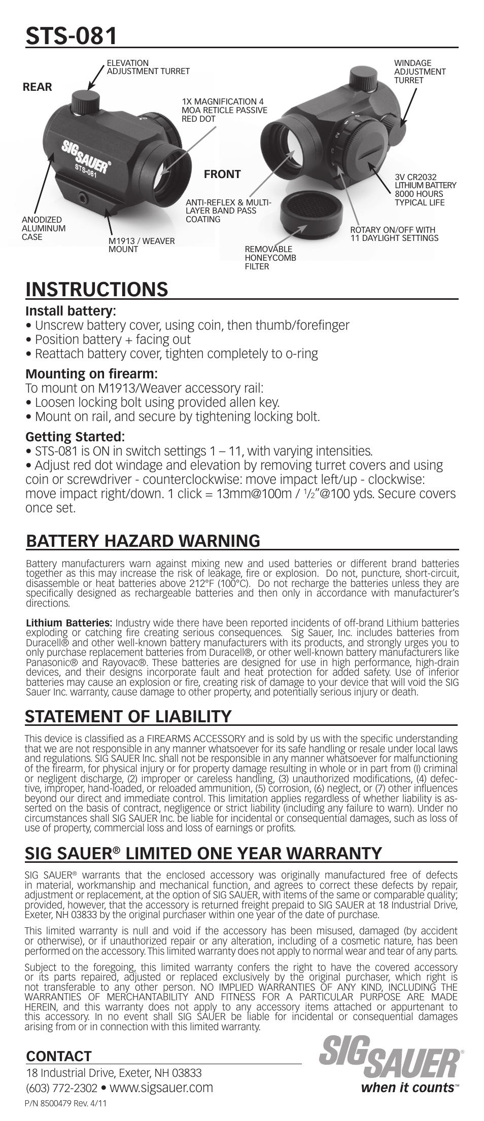 Sts-081, Instructions, Sig sauer | Limited one year warranty, Statement of liability, Battery hazard warning, Contact, 100 yds. secure covers once set | SIG SAUER STL-081 Mini Red Dot Sight User Manual | Page 2 / 2