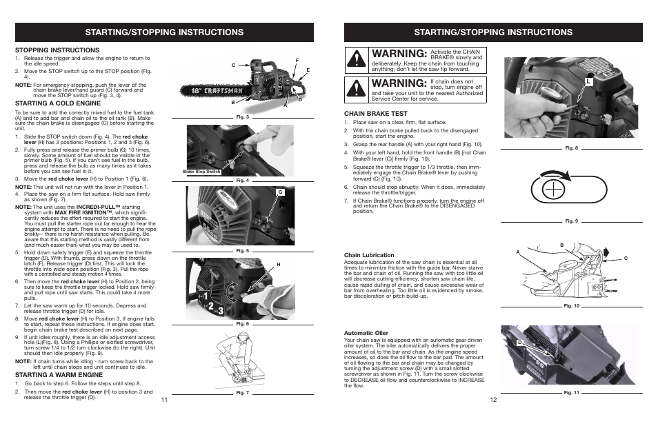 Warning, Starting/stopping instructions | Craftsman 316.350850 User Manual | Page 11 / 54