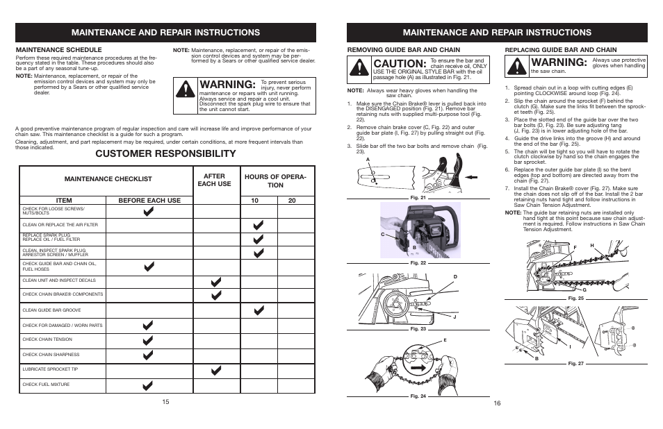 Warning, Caution, Customer responsibility | Maintenance and repair instructions | Craftsman 316.350850 User Manual | Page 16 / 54
