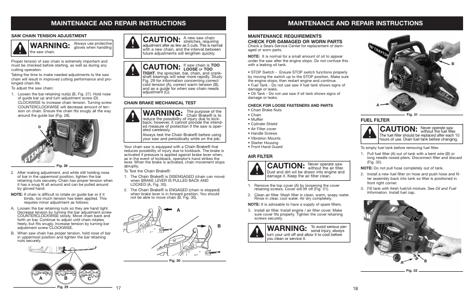 Caution, Warning, Maintenance and repair instructions | Craftsman 316.350850 User Manual | Page 17 / 54