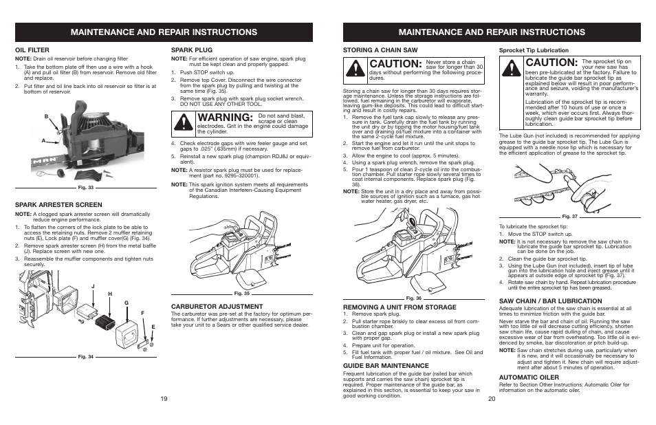 Caution, Warning, Maintenance and repair instructions | Craftsman 316.350850 User Manual | Page 19 / 54
