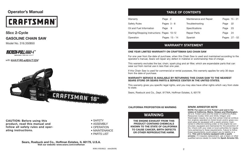 Craftsman 316.350850 User Manual | Page 2 / 54