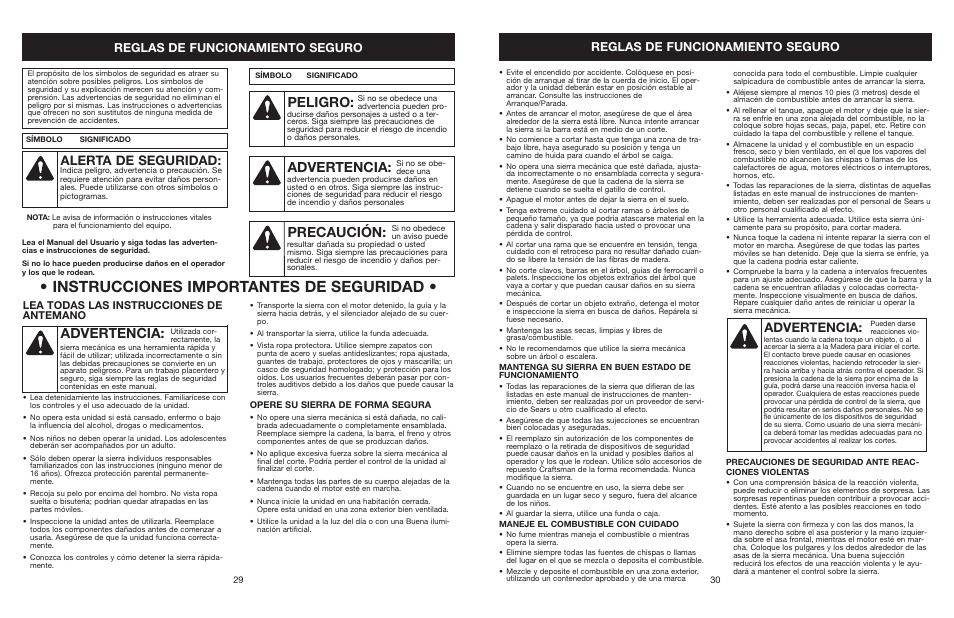 Instrucciones importantes de seguridad, Peligro, Precaución | Advertencia, Alerta de seguridad, Reglas de funcionamiento seguro, Lea todas las instrucciones de antemano | Craftsman 316.350850 User Manual | Page 30 / 54