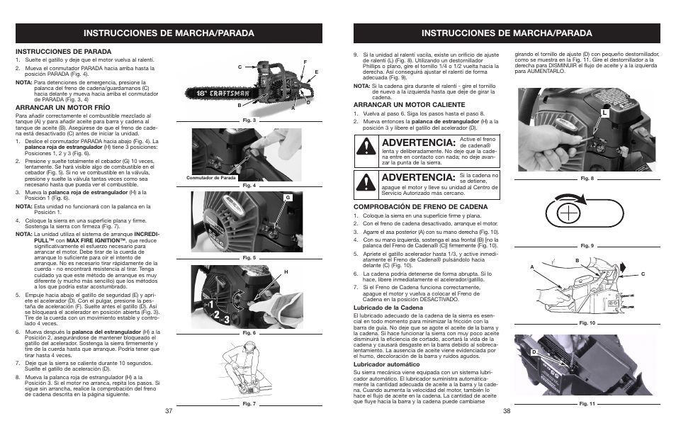 Advertencia, Instrucciones de marcha/parada | Craftsman 316.350850 User Manual | Page 38 / 54