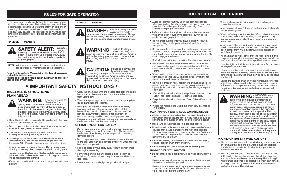 Warning, Warning: • important safety instructions, Danger | Caution, Safety alert, Rules for safe operation, Read all instructions plan ahead | Craftsman 316.350850 User Manual | Page 4 / 54
