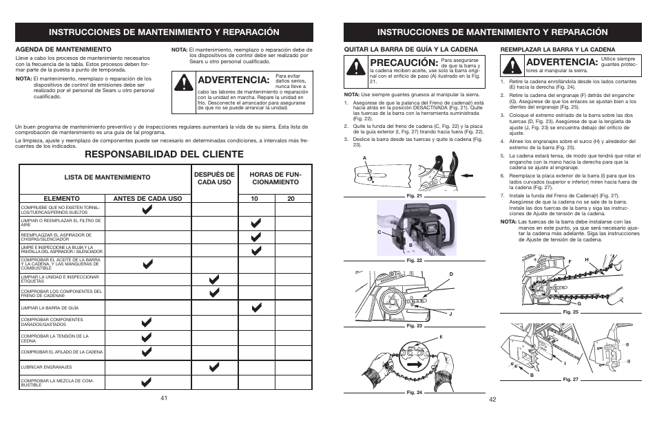 Advertencia, Precaución, Responsabilidad del cliente | Instrucciones de mantenimiento y reparación | Craftsman 316.350850 User Manual | Page 41 / 54