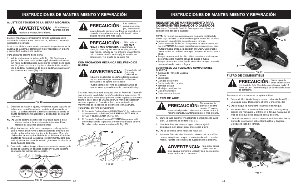 Precaución, Advertencia, Instrucciones de mantenimiento y reparación | Craftsman 316.350850 User Manual | Page 44 / 54