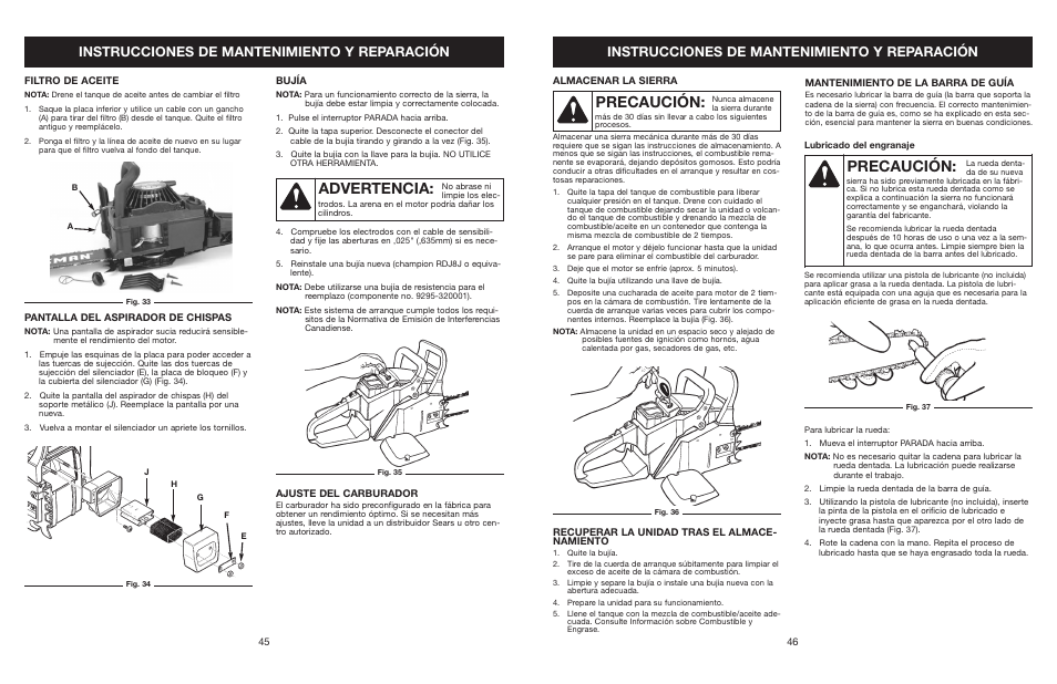 Precaución, Advertencia, Instrucciones de mantenimiento y reparación | Craftsman 316.350850 User Manual | Page 45 / 54
