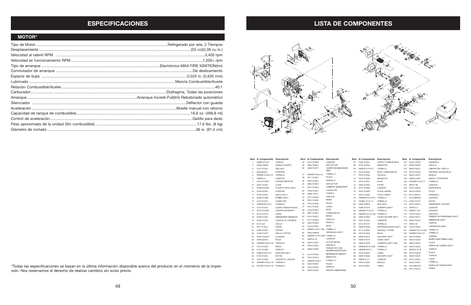 Lista de componentes, Especificaciones, Motor | Craftsman 316.350850 User Manual | Page 49 / 54