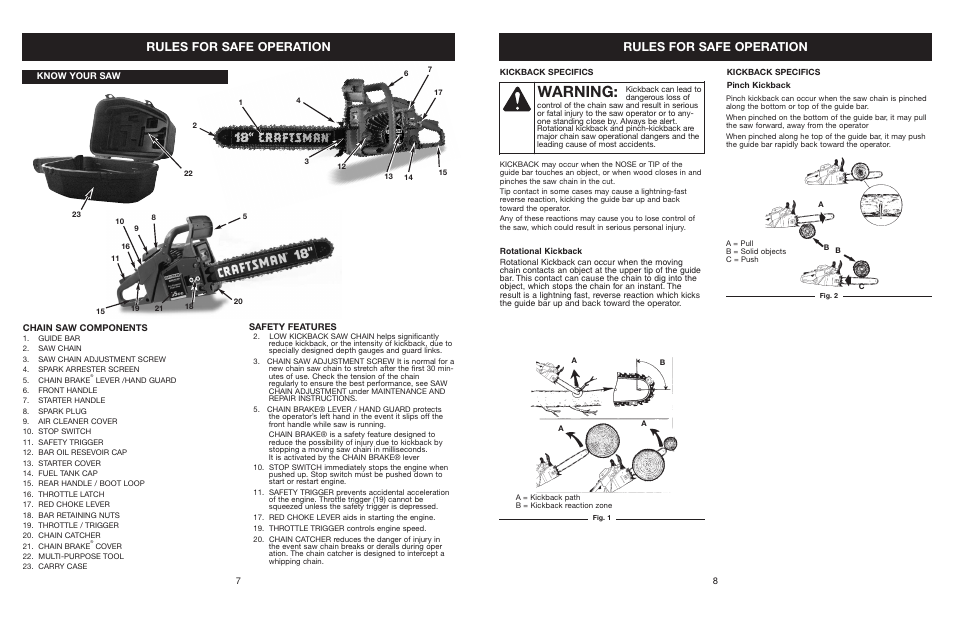 Warning, Rules for safe operation | Craftsman 316.350850 User Manual | Page 8 / 54