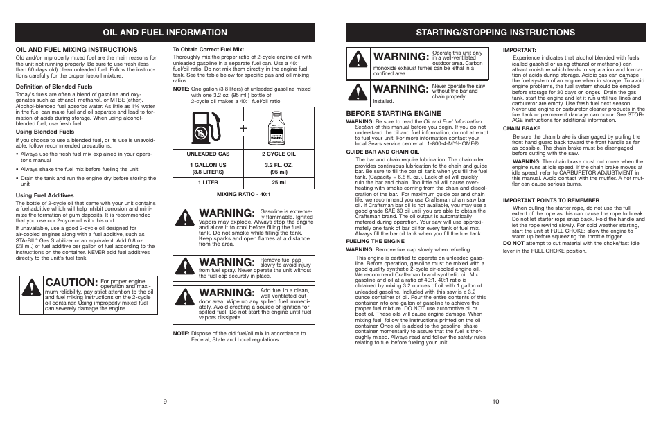 Warning, Caution, Starting/stopping instructions | Oil and fuel information | Craftsman 316.350850 User Manual | Page 9 / 54