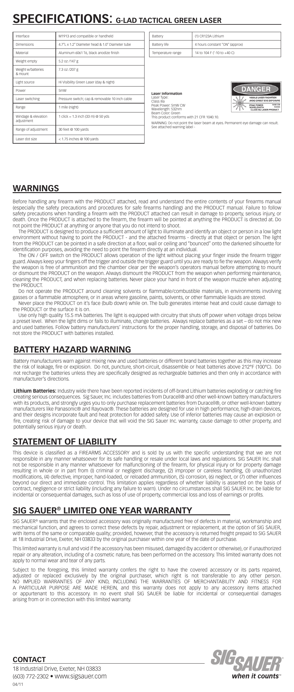 Specifications, Warnings, Sig sauer | Limited one year warranty, Statement of liability, Battery hazard warning, G-lad tactical green laser, Contact | SIG SAUER G-LAD Green Laser User Manual | Page 2 / 2