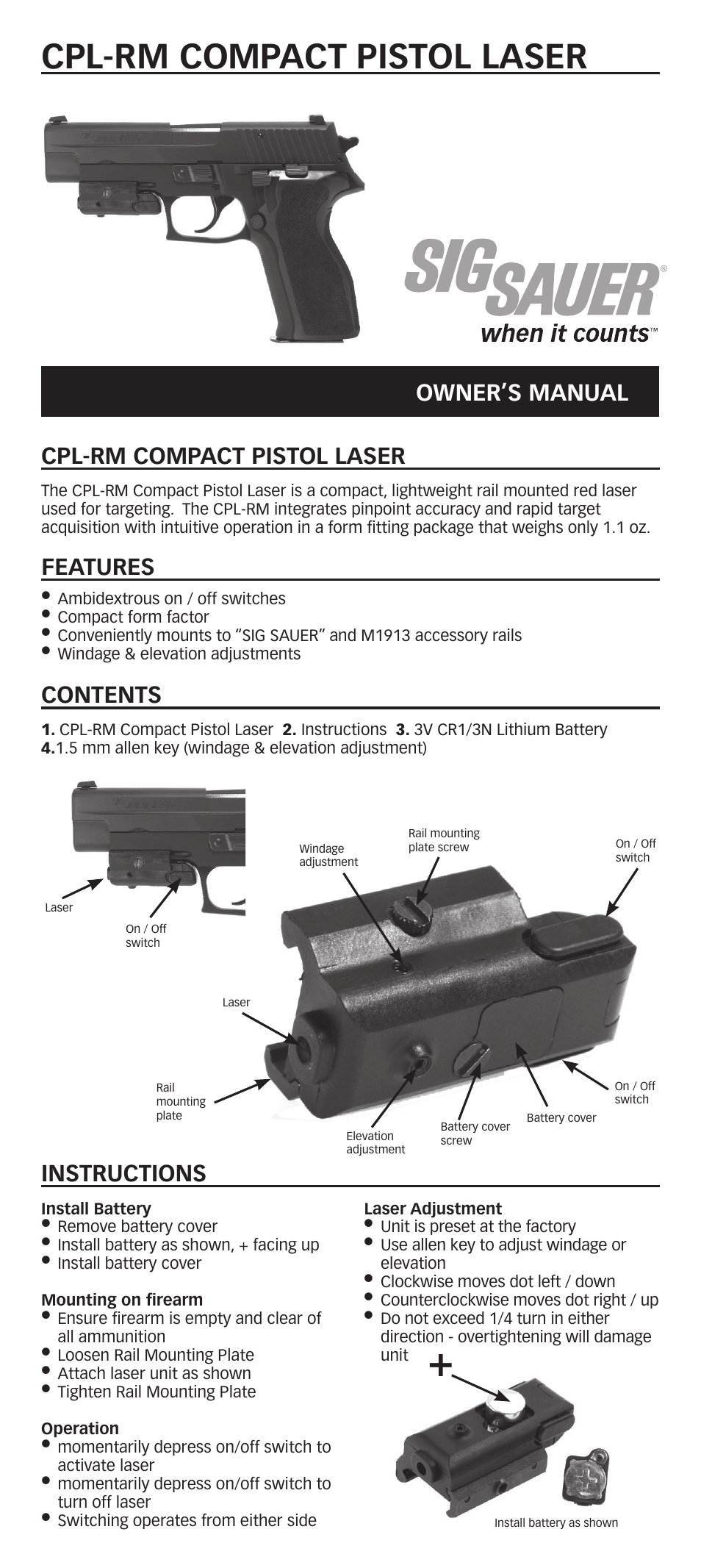 SIG SAUER CPL-RM Compact Pistol Laser User Manual | 2 pages